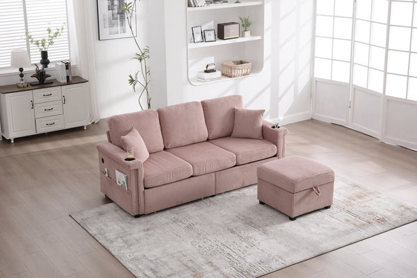 English Elm UNITED Corduroy L-Shaped Sectional Sofa with Storage Ottoman, USB Ports, Cup Holders & LED Lighting Pink W1568P332401