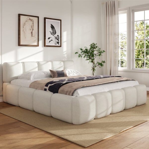 English Elm California King Boucle Upholstered Platform Bed Thick Block Headboard Modern Suite N757P391356W