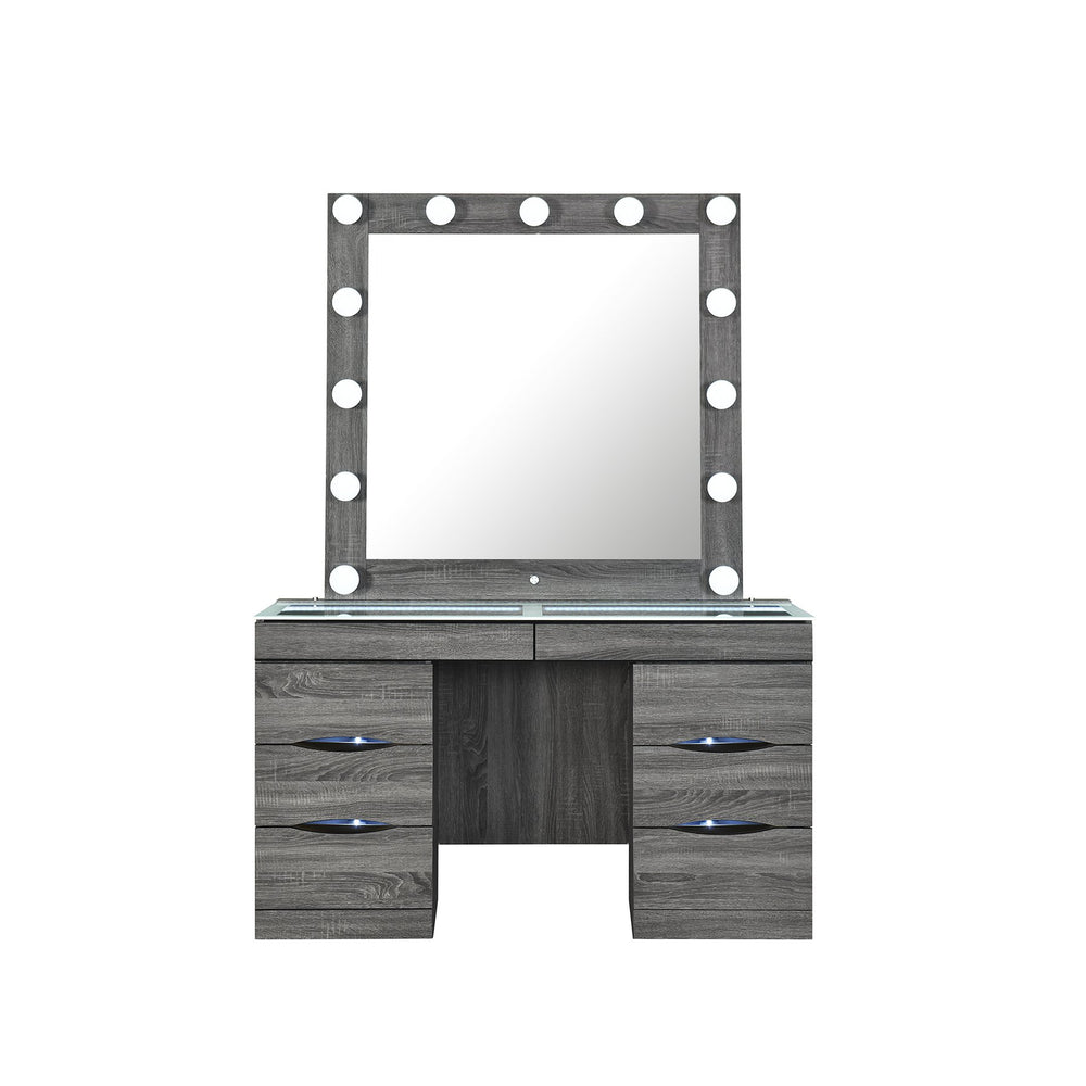 English Elm Lorena Grey Vanity with Lighted Mirror and Stool – Solid Wood MDF, 6 Drawers, Glass Top, Sturdy B201S00443