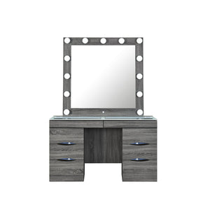 English Elm Lorena Grey Vanity with Lighted Mirror and Stool – Solid Wood MDF, 6 Drawers, Glass Top, Sturdy B201S00443