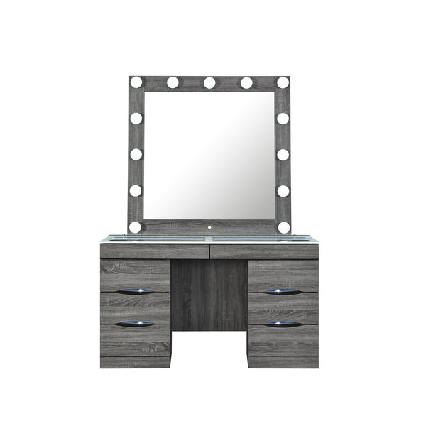 English Elm Lorena Grey Vanity with Lighted Mirror and Stool – Solid Wood MDF, 6 Drawers, Glass Top, Sturdy B201S00443
