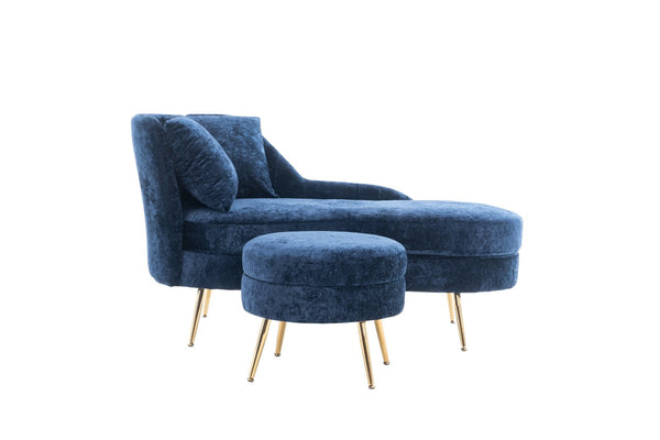 English Elm 58'' Chenille Chaise Lounge with Footstool Pocket Spring Comfort for Bedroom Living Room Blue W2363S00090