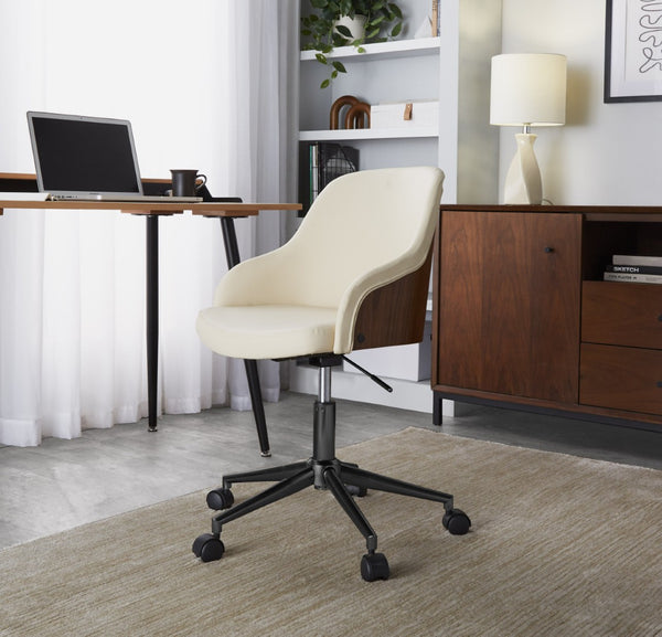 English Elm Office Chair Mid Century Modern Walnut Wood Faux Leather Seat with Swivel Base B202P474171