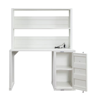 English Elm White 1-Door Writing Desk with Hutch — White iron integrated workspace with open shelf storage, 47" wide elegant organizer B062P215481