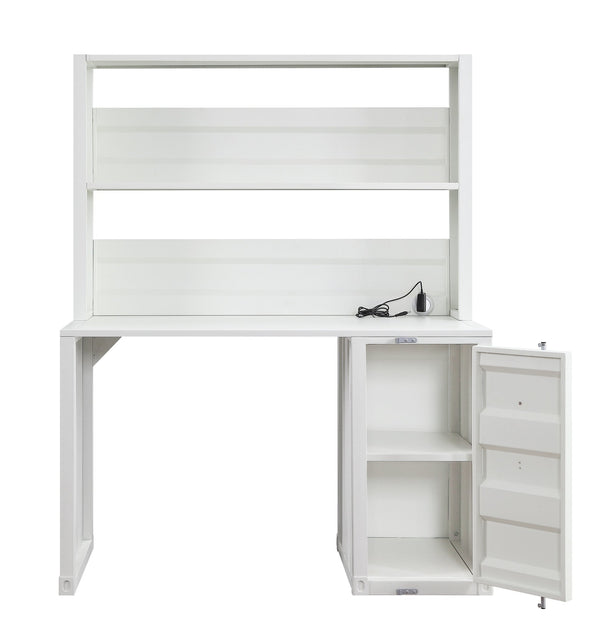 English Elm White 1-Door Writing Desk with Hutch — White iron integrated workspace with open shelf storage, 47" wide elegant organizer B062P215481