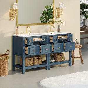 English Elm 60'' Bathroom Vanity Set With Ceramic Sink – Stylish Freestanding Storage Cabinet In Blue Finish N710SS00004C