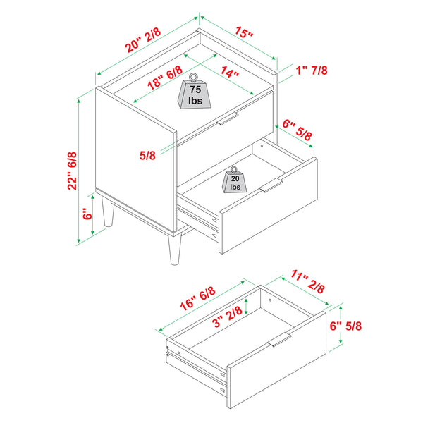 Lee Mid-Century Modern 2-Drawer Nightstand with Sleek Design and Spacious Storage for Every Space