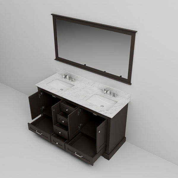 English Elm Espresso 60" Double Bath Vanity with Carrara Marble Top, Chrome Faucets, 58" Mirror, Scratch-Resistant B2731S00985