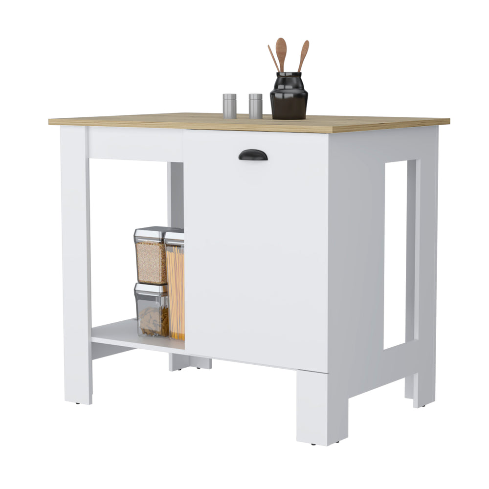 English Elm Lander Kitchen Island with Single Door, Lower Open Shelf, White/Macadamia Finish — Stylish Prep Station B128P148925