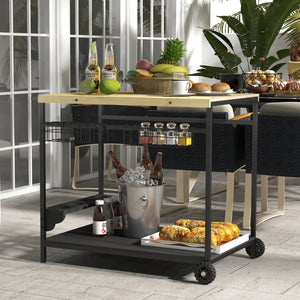 English Elm Outsunny Fir Wood Rolling Bar Cart with Wine Slots Baskets and Powder Coated Frame W2225P200506