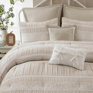English Elm 7-piece King Jacquard Comforter Set Lace Detail Chambray Cottage Bedroom Ensemble Neutral B035P482889