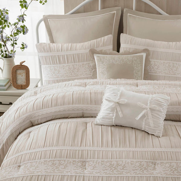 English Elm 7-piece King Jacquard Comforter Set Lace Detail Chambray Cottage Bedroom Ensemble Neutral B035P482889