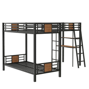 English Elm L-Shaped Twin Over Twin Bunk Bed with Loft Desk & Shelves, Brown Metal+MDF, Sturdy Sleep Solution GX001110AAD
