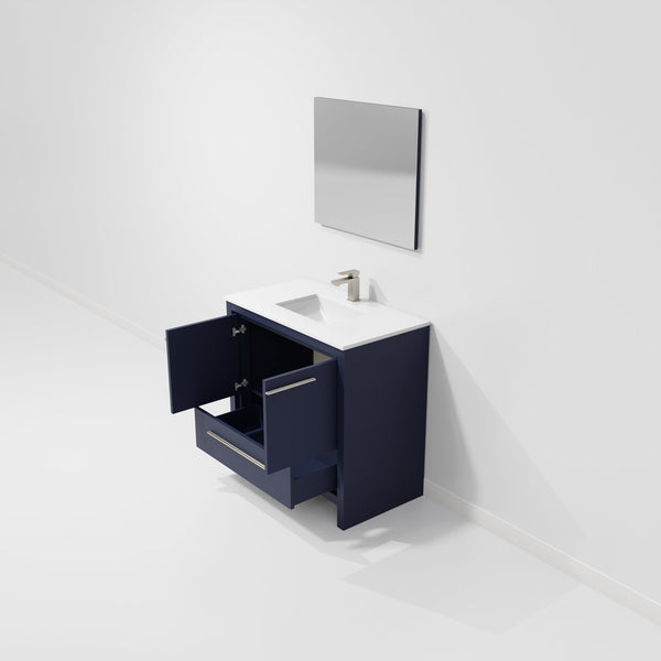 English Elm Navy Blue Single Bath Vanity Set With Cultured Marble Top, Gun Metal Faucet & Matching Mirror 36" W B2731S02069