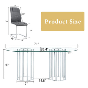 English Elm Table and Chair Set Oval Glass Top Twin Column Base with Six Pu Leather Seats Dark Gray,Silver,Transparent W1151S04734
