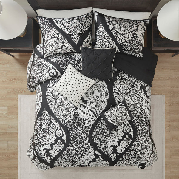 English Elm 7 Piece Cotton Comforter Set - Elegant Black King Size Bedding With Damask Print & Decorative Pillows B03597262
