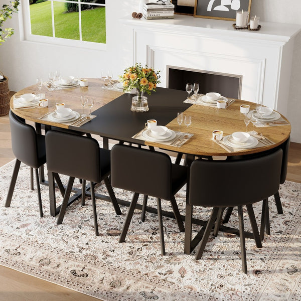 English Elm 9-piece Oval Dining Set Seats Eight with Two-tone Top and Pu Leather Chairs W3875S00105