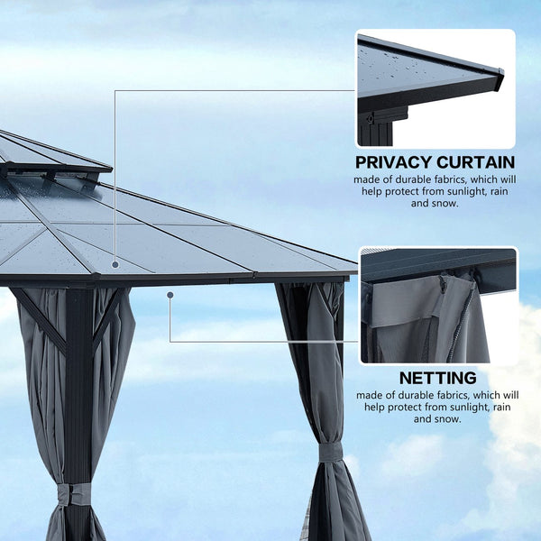 English Elm 12' X 16' Gazebo Hardtop Canopy With Netting & Curtains - Stylish Aluminum Pavilion For Outdoor Events W765S00009