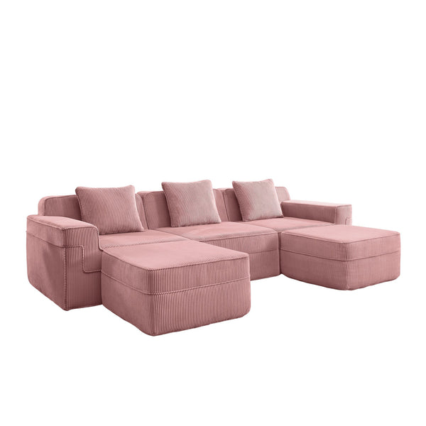 English Elm Modular 3-Seat U-Shape Sectional Sofa In Soft Pink Corduroy With Ottomans & Plush Throw Pillows W3041S00340