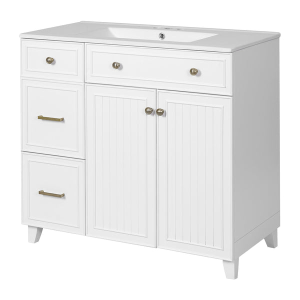 English Elm 36" Modern Bathroom Vanity with Ceramic Sink, Soft-Close Doors, Double-Layer Drawer & Storage Elegance White N729P289163K