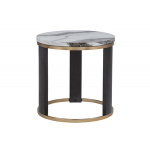 English Elm 24" Icelandic Ivory Faux Marble End Table with Brass Frame and Dark Wood Legs, 24" Round Accent Table B011P355863