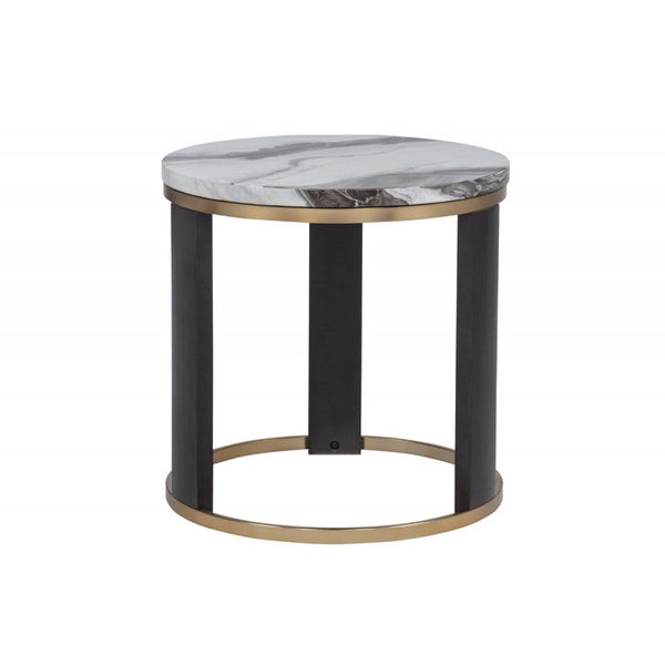 English Elm 24" Icelandic Ivory Faux Marble End Table with Brass Frame and Dark Wood Legs, 24" Round Accent Table B011P355863