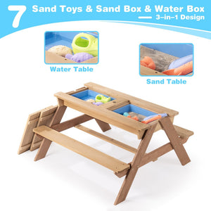 English Elm 3-in-1 Kids Cedar Outdoor Picnic Sand Water Play Table with Shading Umbrella W1390P160713