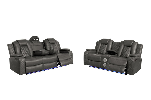 English Elm Violetglow Reclining Sofa with Led Lighting Wireless Charging and Bluetooth Speakers Grey B2730S00035