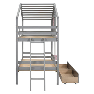English Elm Twin Playhouse Bunk Bed Pinewood Frame with Pitched Roof Window Shelf and Storage Drawers Gray LT001608AAE-1
