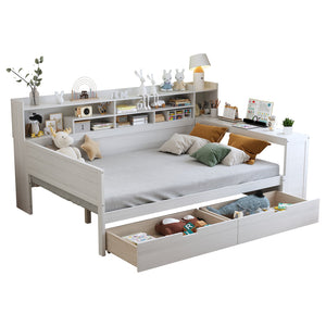English Elm Wooden Full Size Daybed with Built-In Desk, Side Shelves and Dual Drawers for Organized Living Antique White 70 L x 18.6 W x 5.5 H N733S241486K