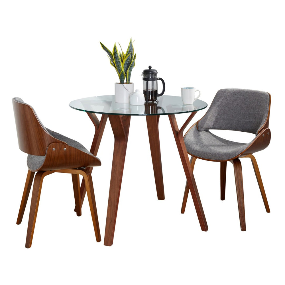 English Elm Folia 3 Piece Mid-century Dining Set Tempered Glass Top Walnut Legs Cream Chairs B202S01415