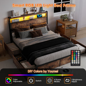 English Elm Queen Metal Platform Bed with Rgb Led Headboard Charging Station and Underbed Storage T3963P482749