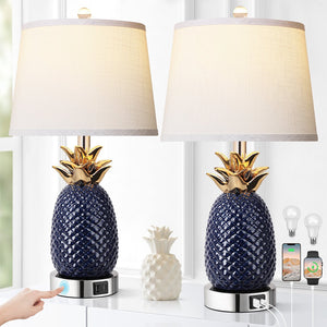English Elm 22" Pineapple Table Lamps Set of 2 Navy Blue Ceramic 3-Level Touch Dimmable with USB-C+USB-A Ports and Bulbs Included W3355P369130