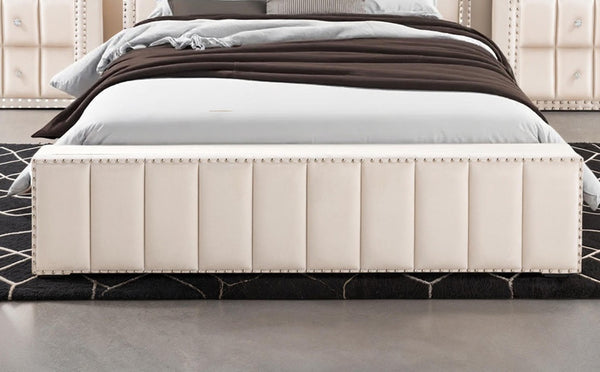 English Elm Beautiful Upholstered Full Bed with Led Lighting Storage Shelves and Channel Tufted Headboard Beige B2741S00770