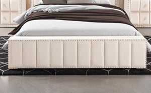 English Elm Contemporary Full Bedroom Set Channel Tufted Upholstered Bed with Led and Nightstands Beige B2741S00776
