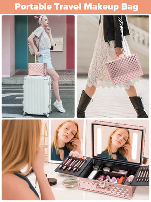 English Elm Portable Led Vanity Makeup Case Aluminum Travel Organizer with Mirror Lock Dividers W1550P163304