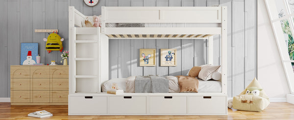 English Elm Twin Triple Bunk Bed Metal L-shaped Frame Sleeps Three Kids White Finish Ivory W1580S00643