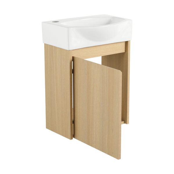 English Elm 16" Bathroom Vanity Sink Combo for Small Spaces — Compact Engineered Wood Cabinet with Ceramic Basin, Moisture-Resistant Finish and Hidden Handle, Easy Assembly Oak W1972P190339