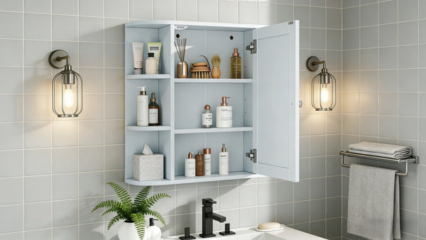 English Elm Bathroom Wall Cabinet with Mirror Door Open Shelving and Adjustable Interior Storage White N817P375228W