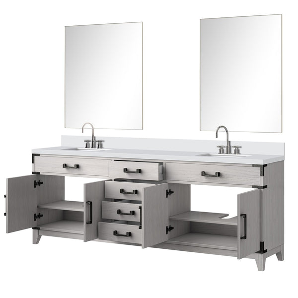English Elm White Oak Double Bath Vanity 84" W With White Quartz Top, Faucet Set & 36" Mirrors For Elegant Style B2731S01882-GIGA
