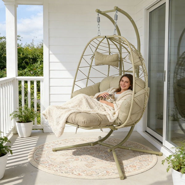 English Elm 2 Person Wicker Hanging Egg Chair with Stand Padded Cushions Patio Swing Seat T5880P500217