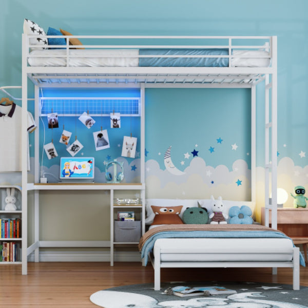 English Elm Bunk Bed Twin Over Iron Frame with Full Guardrail and Ladder White Finish W5635S00001