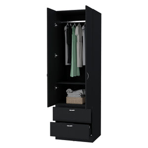 English Elm Tall Mayer Wardrobe Melamine 2 Doors 2 Drawers Black – Durable Bedroom Storage with Hanging Rod, Space-Saving Organizing Solution B128P203059