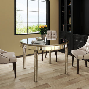 English Elm 47.24" Round Glass Dining Table with Mirror Top Silver Vintage Gold Geometric Frame Elegant Centerpiece W3207P285434