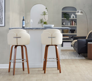 English Elm Fixed-height Mid-century Barstools with Walnut Legs and Grey Upholstered Seats Set B202S01903