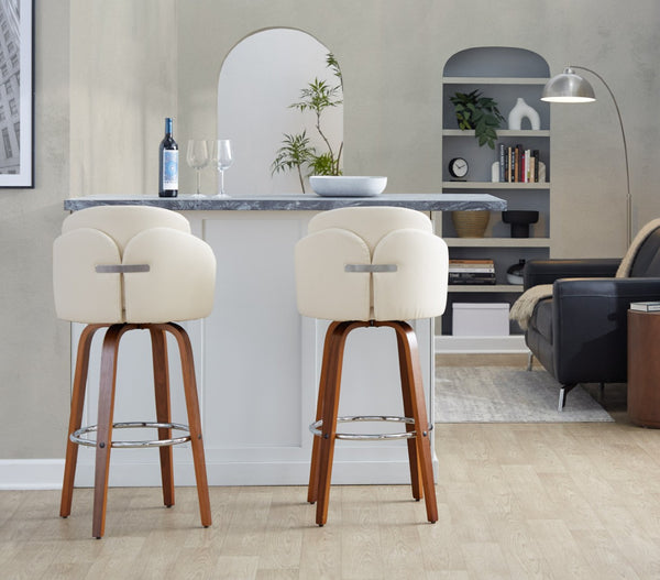English Elm Fixed-height Mid-century Barstools with Walnut Legs and Grey Upholstered Seats Set B202S01903