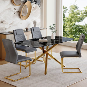 English Elm Table and Chair Set Marble Tempered Glass Top Gold Sculptural Legs Four Pu Seats Black+Gold,Dark Gray W1151S03296