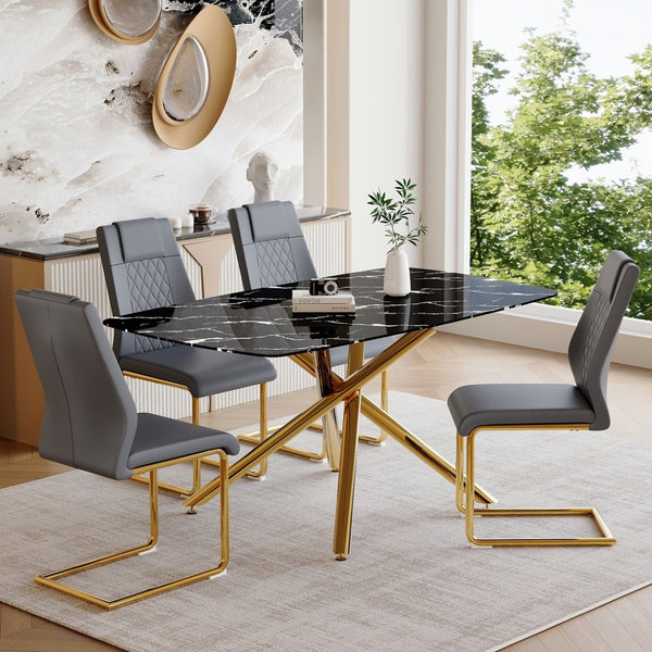 English Elm Table and Chair Set Marble Tempered Glass Top Gold Sculptural Legs Four Pu Seats Black+Gold,Dark Gray W1151S03296