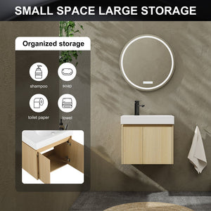 English Elm 24 Inch Bathroom Vanity Floating Ceramic Basin Sink Combo with Double-Door Wall-Mounted Storage Cabinet Durable Engineered Wood Modern Design Oak W1972P190341