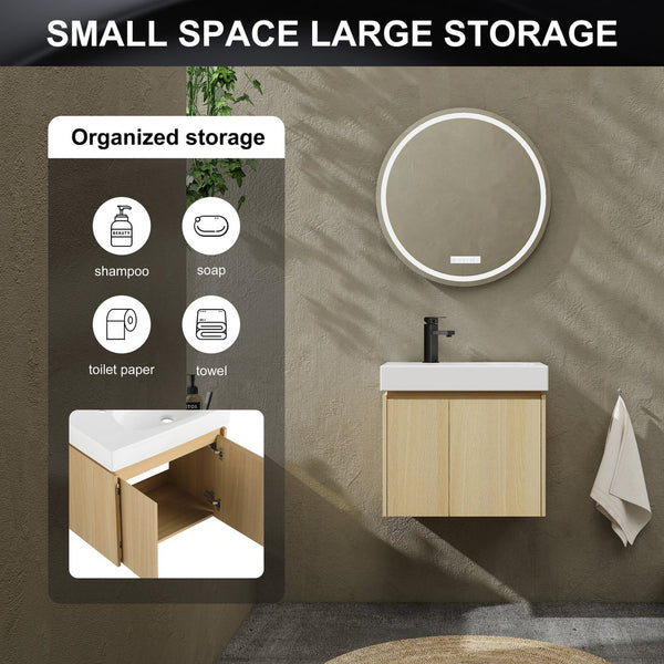 English Elm 24 Inch Bathroom Vanity Floating Ceramic Basin Sink Combo with Double-Door Wall-Mounted Storage Cabinet Durable Engineered Wood Modern Design Oak W1972P190341